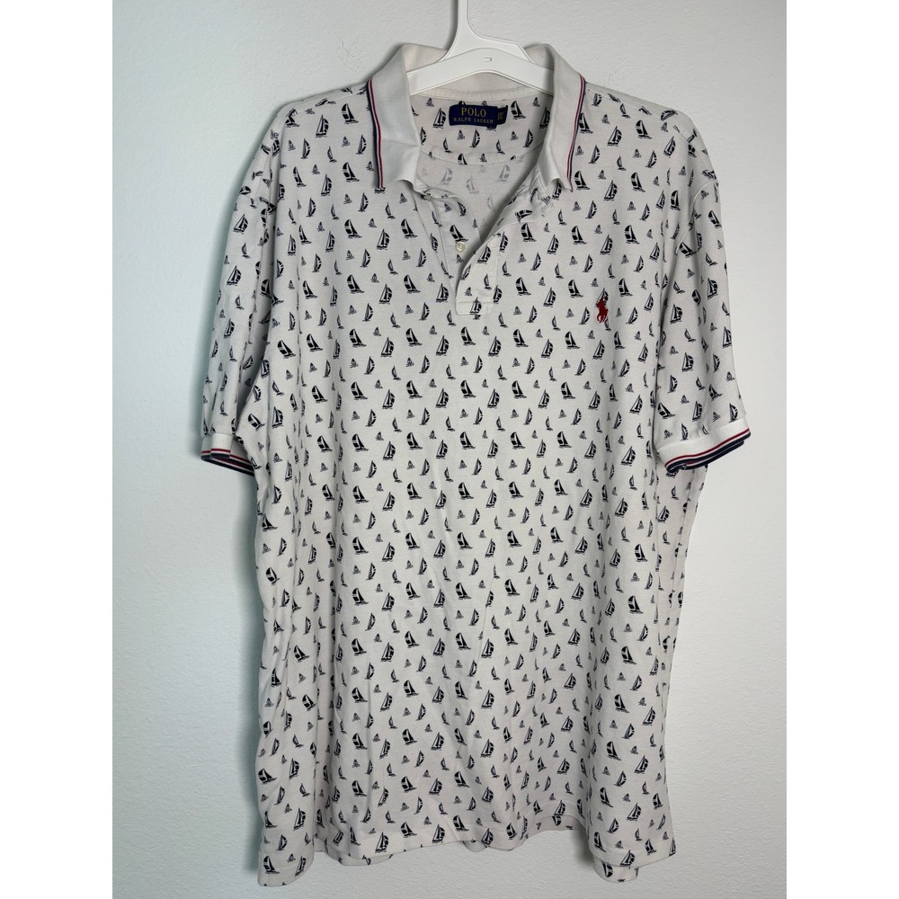 Polo Ralph Lauren Mens 2XLT Sailboat Print‎ Polo Shirt White Nautical Tall 2XL